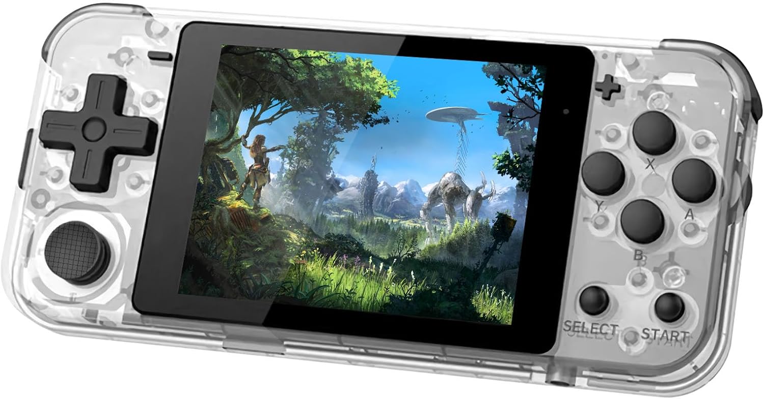 5-inch Q90 Portable Game Console, Open-Source Linux, Vibration Motor, 1,100 Games, Compatible with Multiple emulators ,64GB (Transparent)