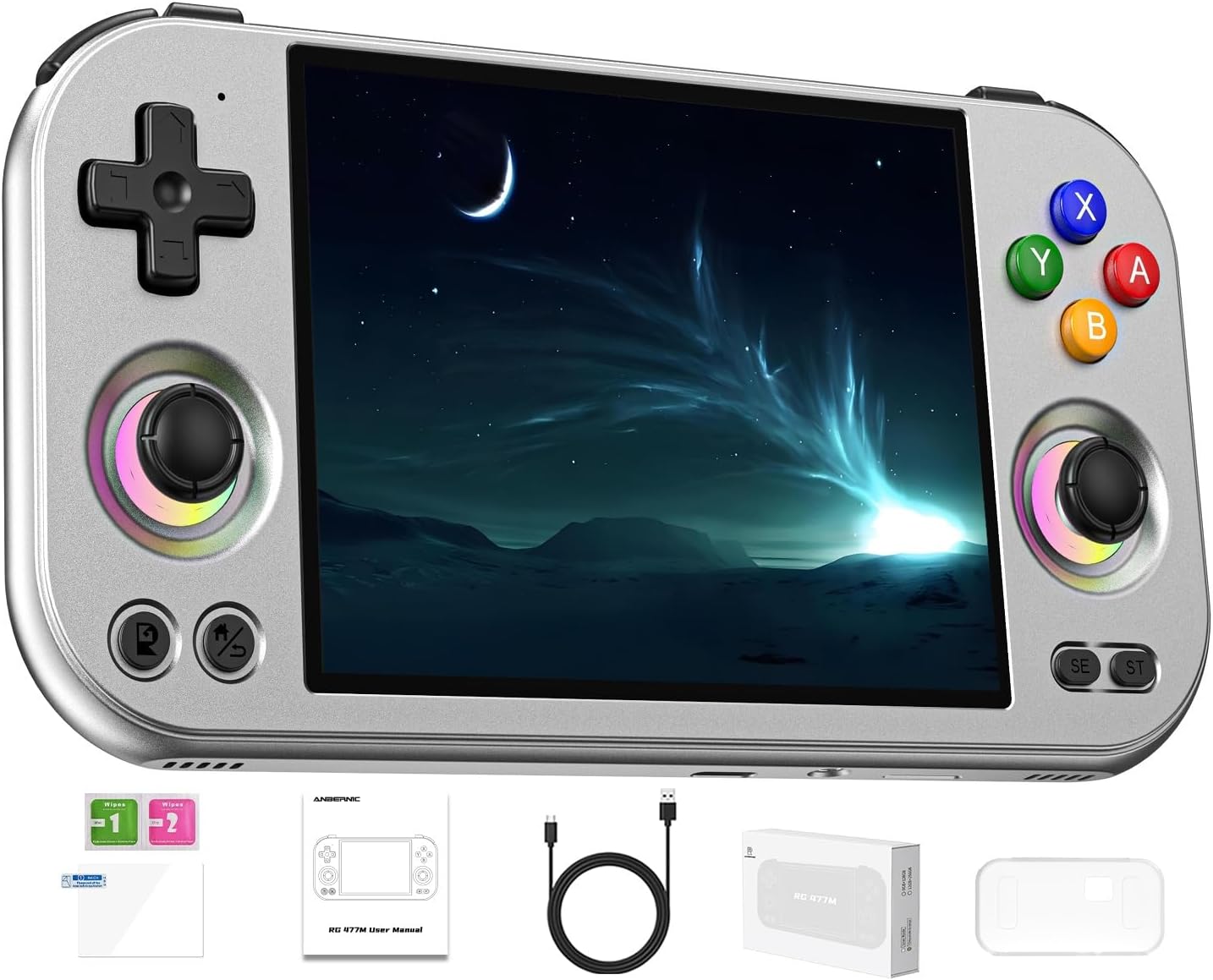 ANBERNIC RG477M Retro Handheld Game Console , Aluminum Alloy CNC Android 14 System 4.7 Inch LTPS in-Cell Touch Screen Dimensity 8300 Processor Support WiFi 6E Bluetooth 5.3 12+256GB(Silver)